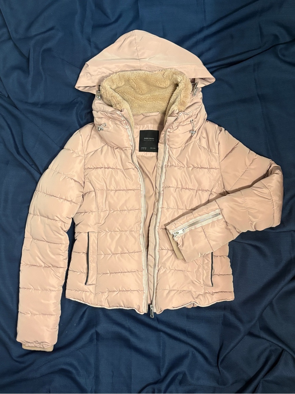 Zara Light Pink Quilted Hooded Puffer Jacket